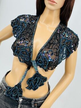 Vintage 70s Ethereal Whimsigoth Fairy 
 Festival Disco Beaded Crop Top Capelet